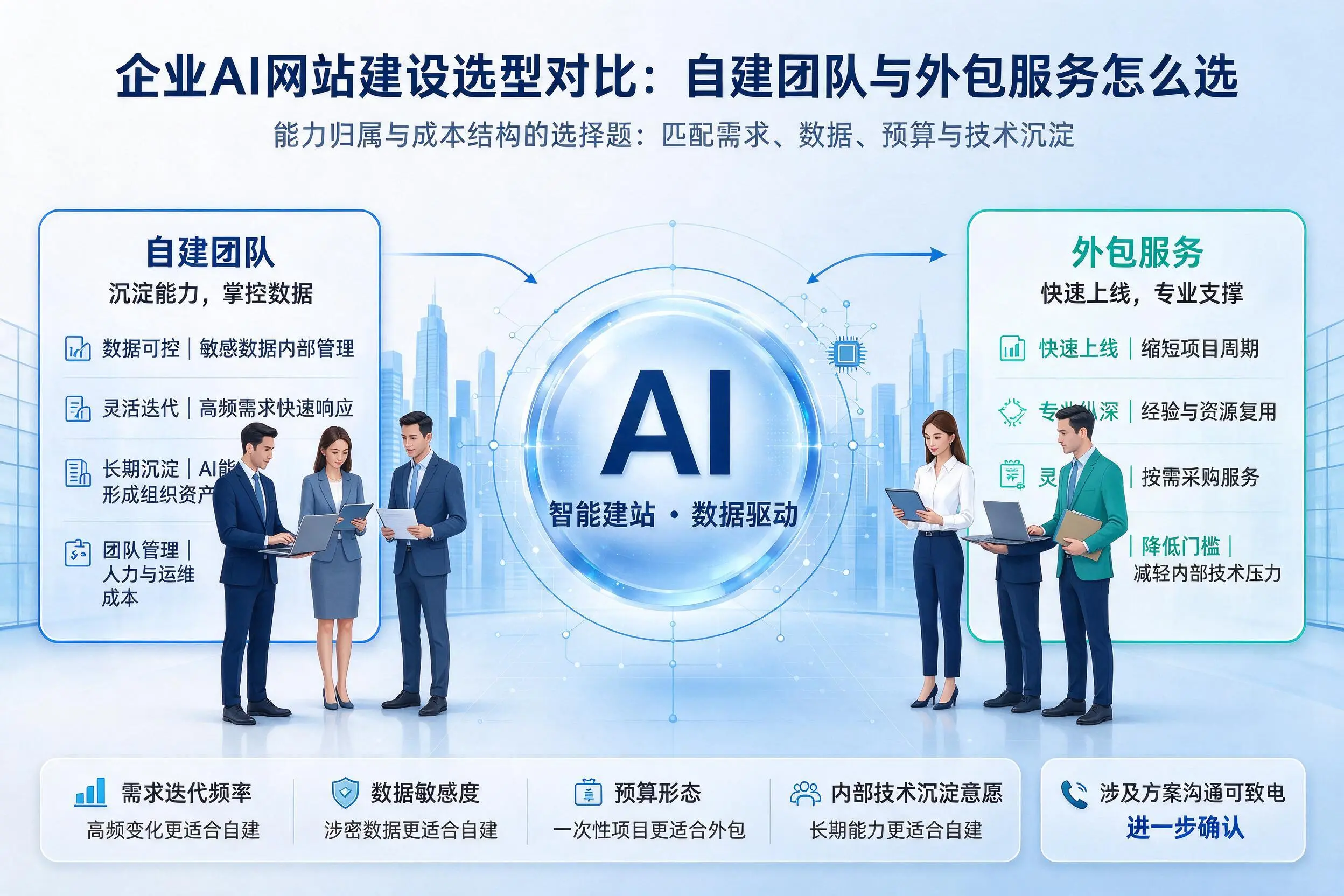 海西企业AI网站建设选型对比：自建团队与外包服务怎么选
